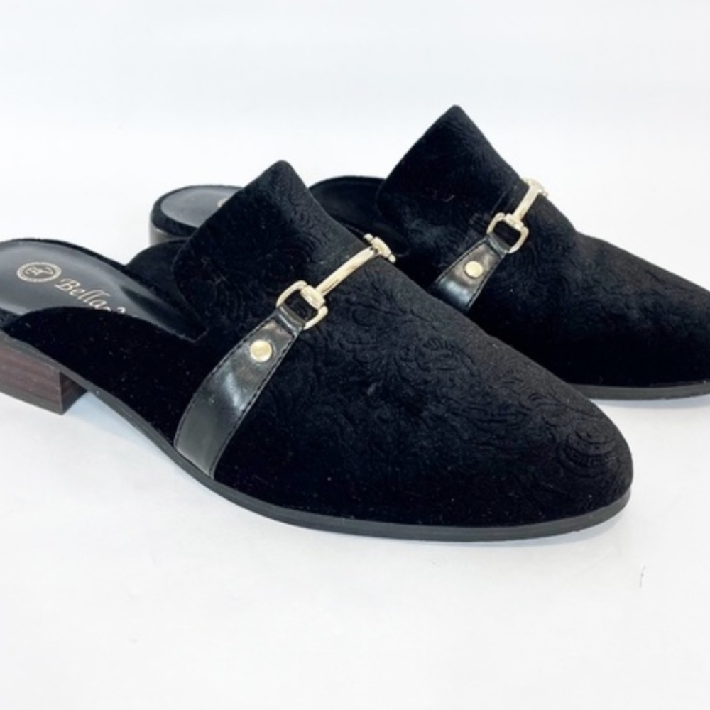 Bella Vita II Embossed Velvet Black Slip-On Mules With gold accents